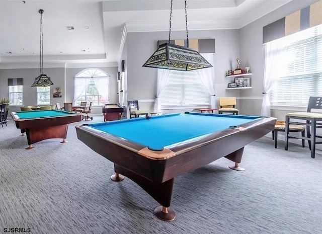 recreation room with a raised ceiling, carpet flooring, pool table, and ornamental molding