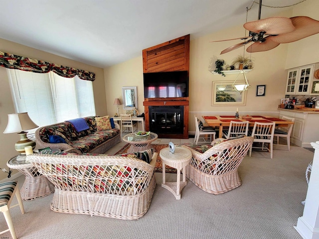 305 57th St Unit 305, Ocean City, NJ 08226 - carpeted living area featuring ceiling fan, a fireplace, and lofted ceiling