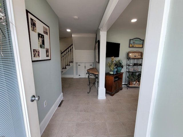 305 57th St Unit 305, Ocean City, NJ 08226 - corridor featuring light tile patterned floors, recessed lighting, stairway, and a heating unit