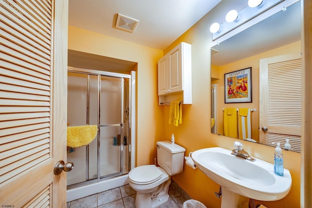 bathroom featuring tile patterned floors, visible vents, a shower stall, and a sink