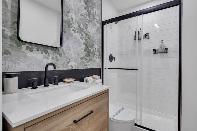 129 Seaside, Atlantic City, NJ 08401 - full bath featuring wallpapered walls, a shower stall, toilet, and vanity