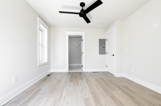 5513 W Ave Fl 1St, Ocean City, NJ 08226 - spare room featuring baseboards, ceiling fan, light wood-style flooring, and electric panel