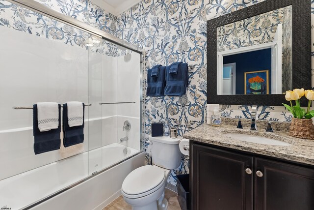 220 Ivy Rd, Egg Harbor Township, NJ 08234 - full bath featuring vanity, combined bath / shower with glass door, toilet, and wallpapered walls