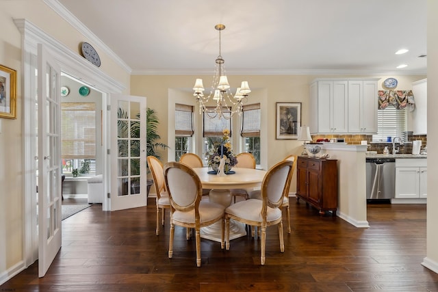 220 Ivy Rd, Egg Harbor Township, NJ 08234 - dining area with french doors, a chandelier, ornamental molding, recessed lighting, and dark wood-type flooring