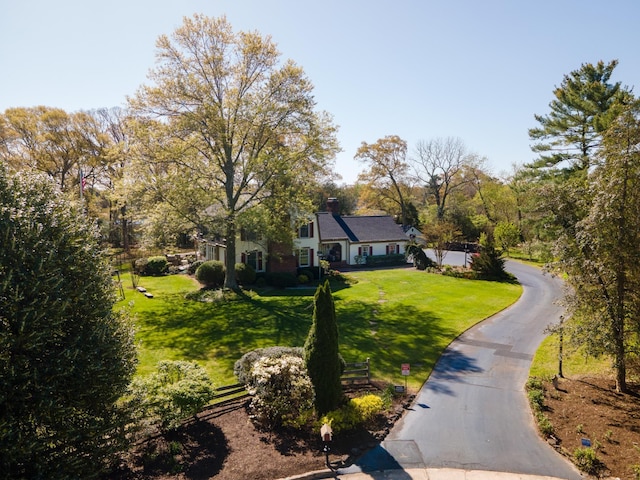 view of front of property with a chimney and a front lawn