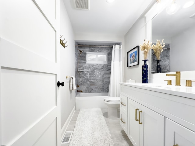 bathroom with toilet, visible vents, shower / bath combination with curtain, and vanity