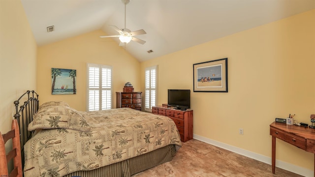bedroom featuring visible vents, baseboards, ceiling fan, and vaulted ceiling