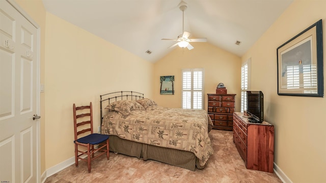 bedroom featuring baseboards, visible vents, ceiling fan, and vaulted ceiling