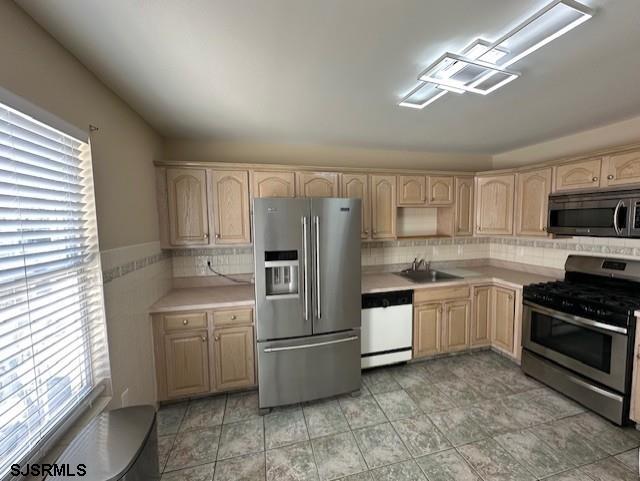 kitchen with a sink, appliances with stainless steel finishes, light brown cabinets, and light countertops
