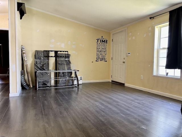 interior space with baseboards, crown molding, dark wood-style flooring, and plenty of natural light