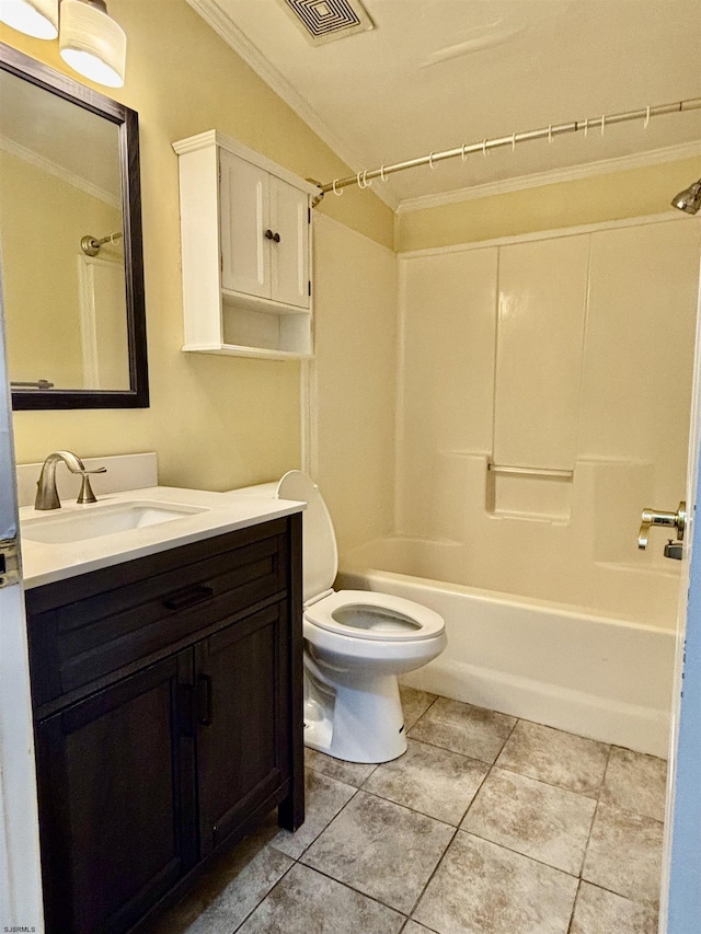 full bath with crown molding, tile patterned flooring, toilet, and visible vents