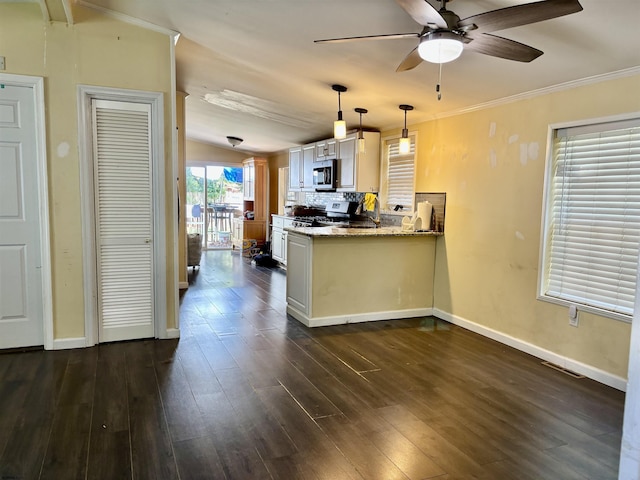 kitchen with decorative backsplash, ceiling fan, stone countertops, stainless steel microwave, and dark wood-type flooring