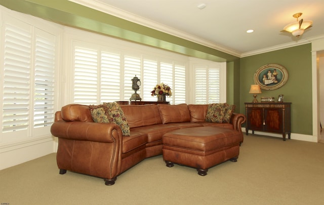 carpeted living area with ornamental molding and a wealth of natural light