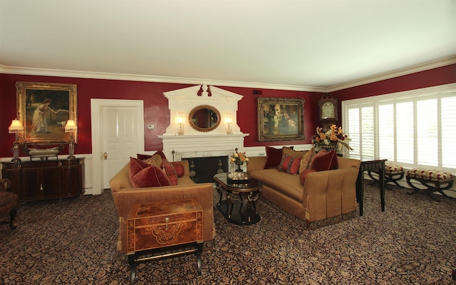 carpeted living room featuring ornamental molding and a premium fireplace