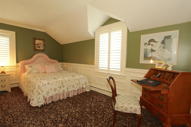 bedroom featuring carpet, a baseboard heating unit, wainscoting, and lofted ceiling