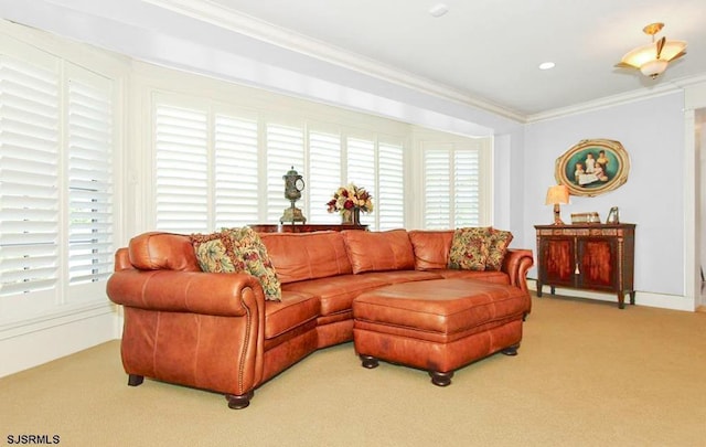 carpeted living area featuring ornamental molding