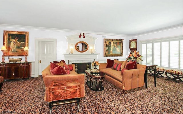 living room with crown molding, carpet flooring, and a high end fireplace
