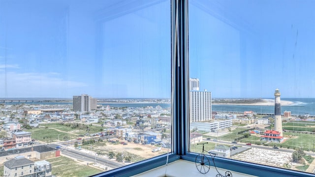 interior space featuring a city view