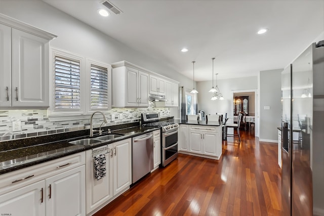 kitchen featuring a sink, stainless steel appliances, backsplash, a peninsula, and under cabinet range hood