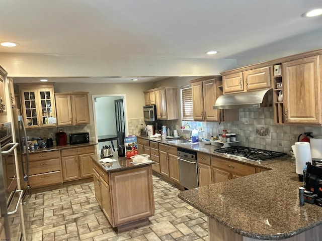 kitchen with appliances with stainless steel finishes, a sink, light brown cabinets, dark stone counters, and under cabinet range hood