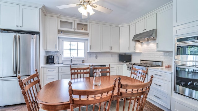 kitchen featuring ceiling fan, a sink, light countertops, under cabinet range hood, and stainless steel appliances