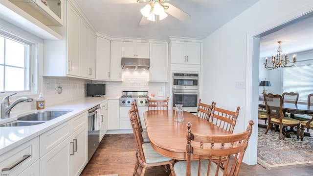 kitchen with appliances with stainless steel finishes, a sink, light countertops, under cabinet range hood, and white cabinetry