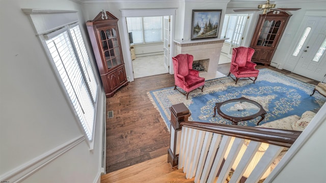 foyer entrance featuring a healthy amount of sunlight, a fireplace, and wood finished floors