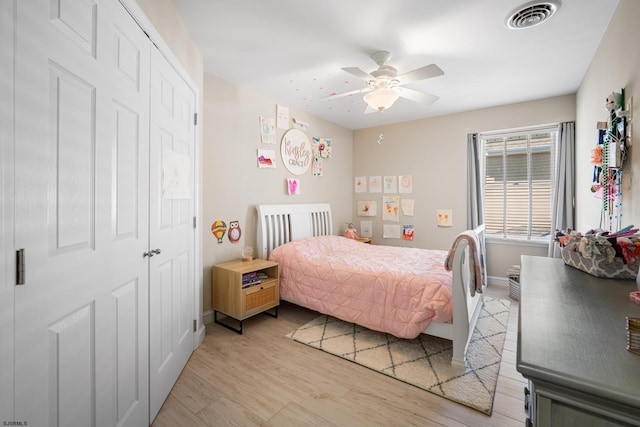 111 N Madison Ave Unit 2, Margate, NJ 08402 - bedroom with a ceiling fan, visible vents, baseboards, a closet, and light wood-style flooring