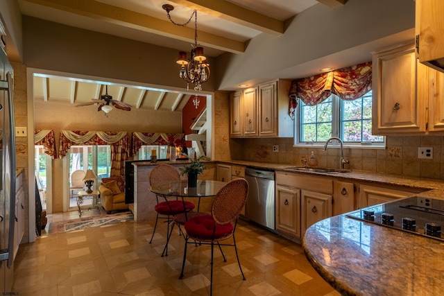 kitchen with stainless steel dishwasher, beam ceiling, a sink, and tasteful backsplash