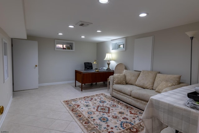 living area with recessed lighting, baseboards, light tile patterned floors, and visible vents