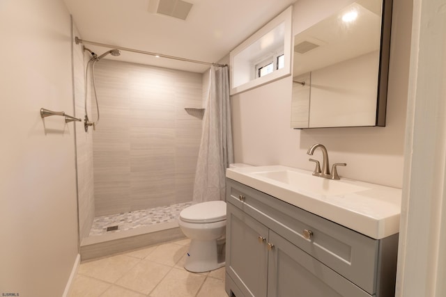 full bath featuring visible vents, tile patterned floors, vanity, toilet, and tiled shower