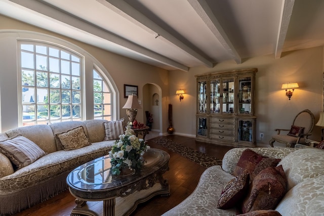 living room featuring beamed ceiling, wood finished floors, and a wealth of natural light