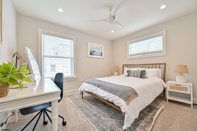 bedroom with baseboards, recessed lighting, and a ceiling fan