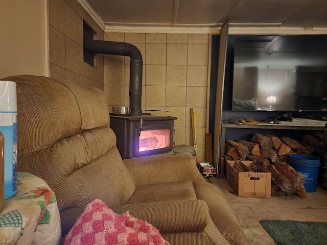 living area with a wood stove