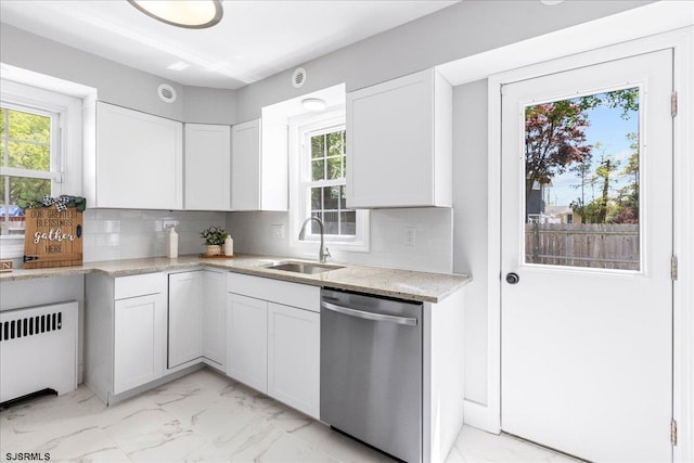 626 1st St, Northfield, NJ 08225 - kitchen featuring stainless steel dishwasher, marble finish floor, radiator heating unit, white cabinets, and a sink