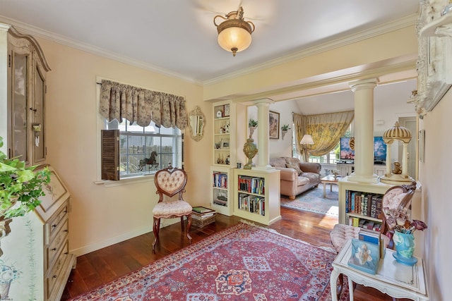 711 Falcon Crest Pl, Smithville, NJ 08205 - sitting room featuring ornate columns, dark wood-style flooring, healthy amount of natural light, and ornamental molding