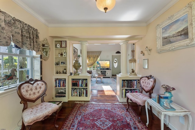 711 Falcon Crest Pl, Smithville, NJ 08205 - living area featuring decorative columns, dark wood-type flooring, and ornamental molding