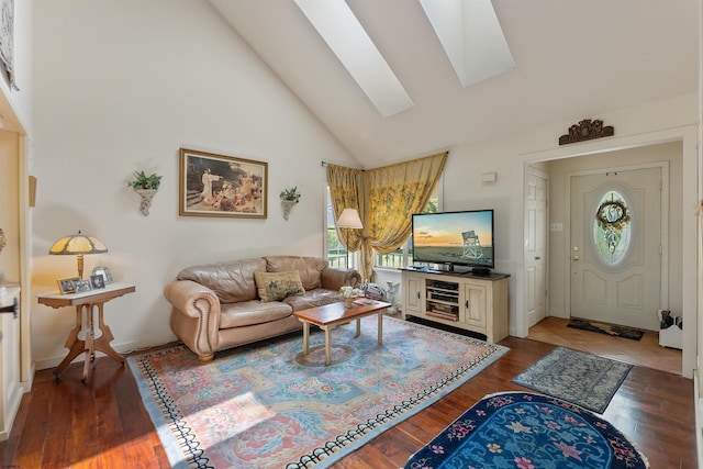 711 Falcon Crest Pl, Smithville, NJ 08205 - living room featuring a skylight, high vaulted ceiling, and wood finished floors