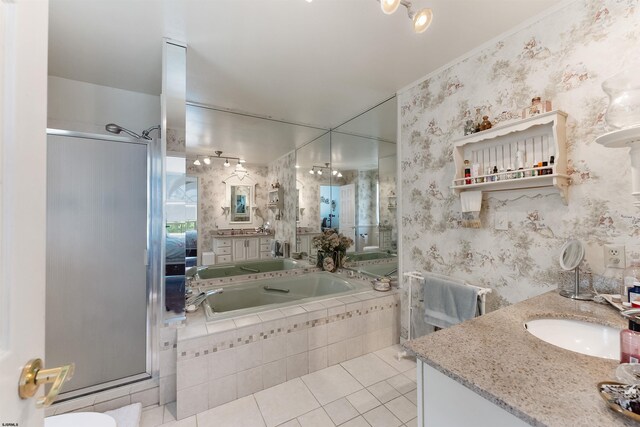 711 Falcon Crest Pl, Smithville, NJ 08205 - bathroom featuring a stall shower, tile patterned flooring, wallpapered walls, a bath, and vanity
