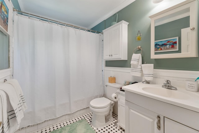 711 Falcon Crest Pl, Smithville, NJ 08205 - full bathroom featuring toilet, vanity, a shower with shower curtain, tile patterned floors, and ornamental molding