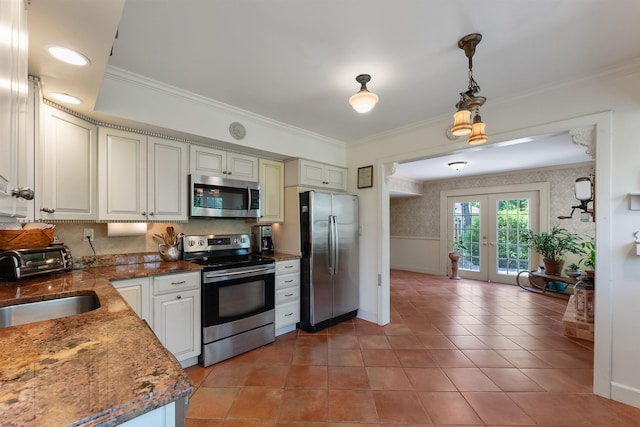 711 Falcon Crest Pl, Smithville, NJ 08205 - kitchen with stainless steel appliances, crown molding, a sink, pendant lighting, and french doors