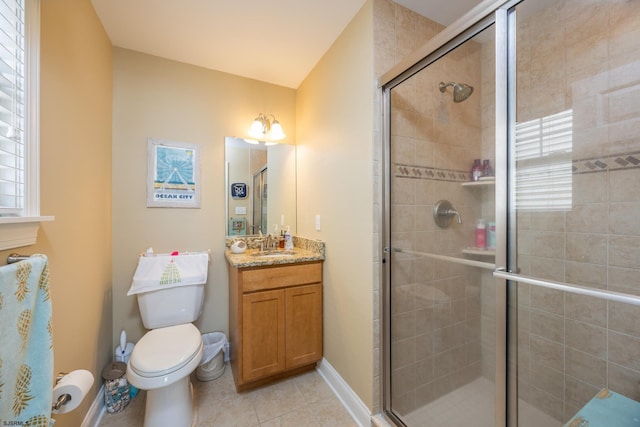 full bath with vanity, tile patterned flooring, and a shower stall