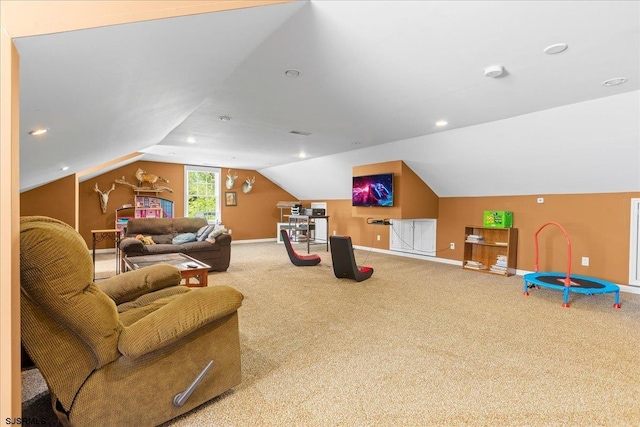 5905 Hickory St, Mays Landing, NJ 08330 - recreation room with baseboards, carpet floors, lofted ceiling, and recessed lighting