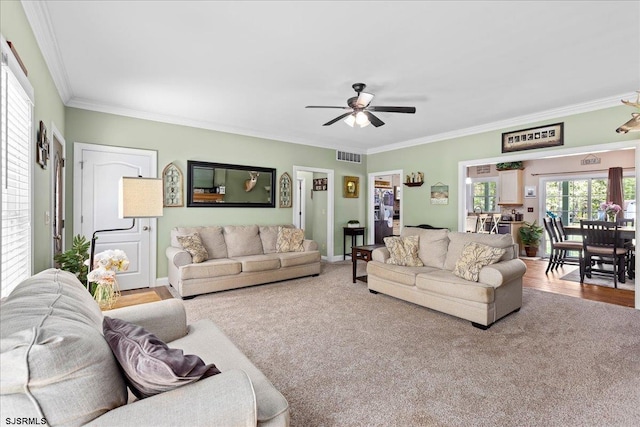 5905 Hickory St, Mays Landing, NJ 08330 - living area with a ceiling fan, ornamental molding, carpet floors, and baseboards