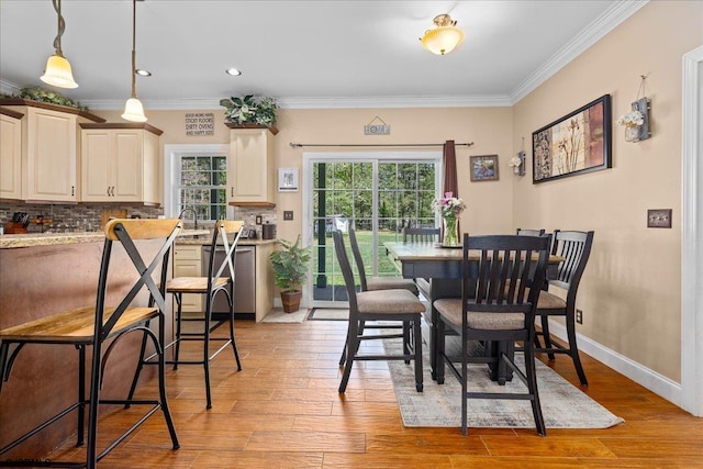 5905 Hickory St, Mays Landing, NJ 08330 - dining room with ornamental molding, light wood finished floors, recessed lighting, and baseboards