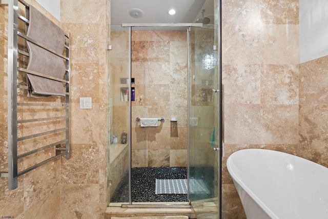full bath featuring a sink, a freestanding bath, tile walls, and a shower stall
