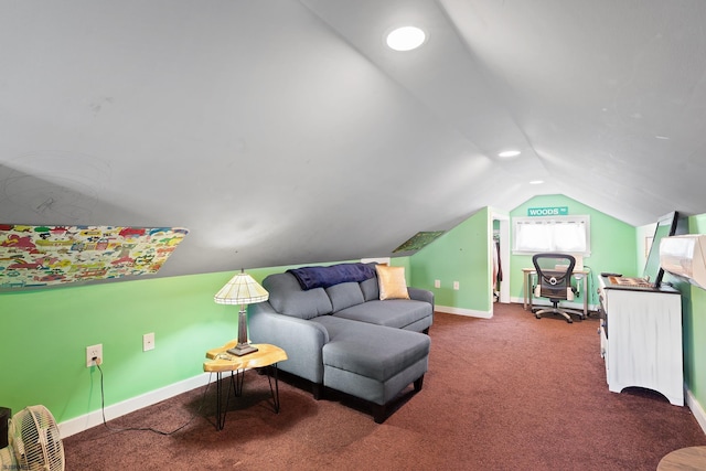 bedroom featuring lofted ceiling, carpet, and baseboards