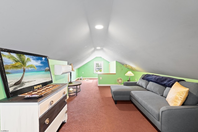 living room featuring vaulted ceiling, baseboards, and dark carpet