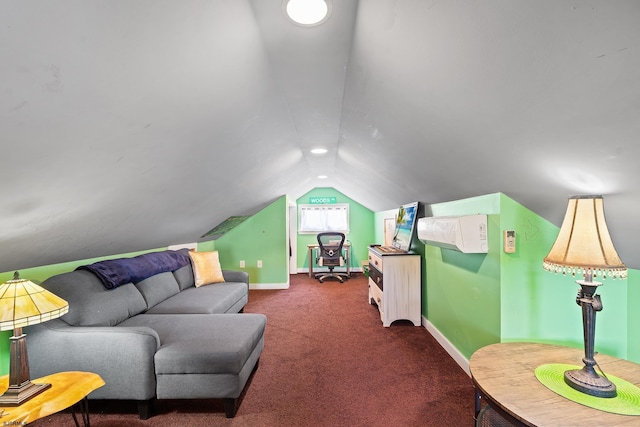 interior space with carpet, vaulted ceiling, and baseboards