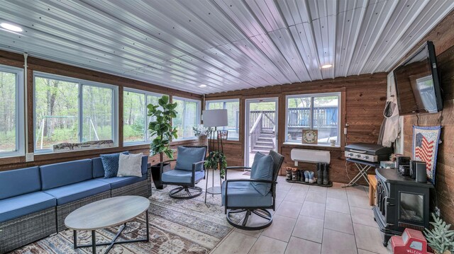 411 Spencer Ln, Galloway Township, NJ 08205 - living area featuring a wood stove, recessed lighting, wooden ceiling, and light tile patterned floors